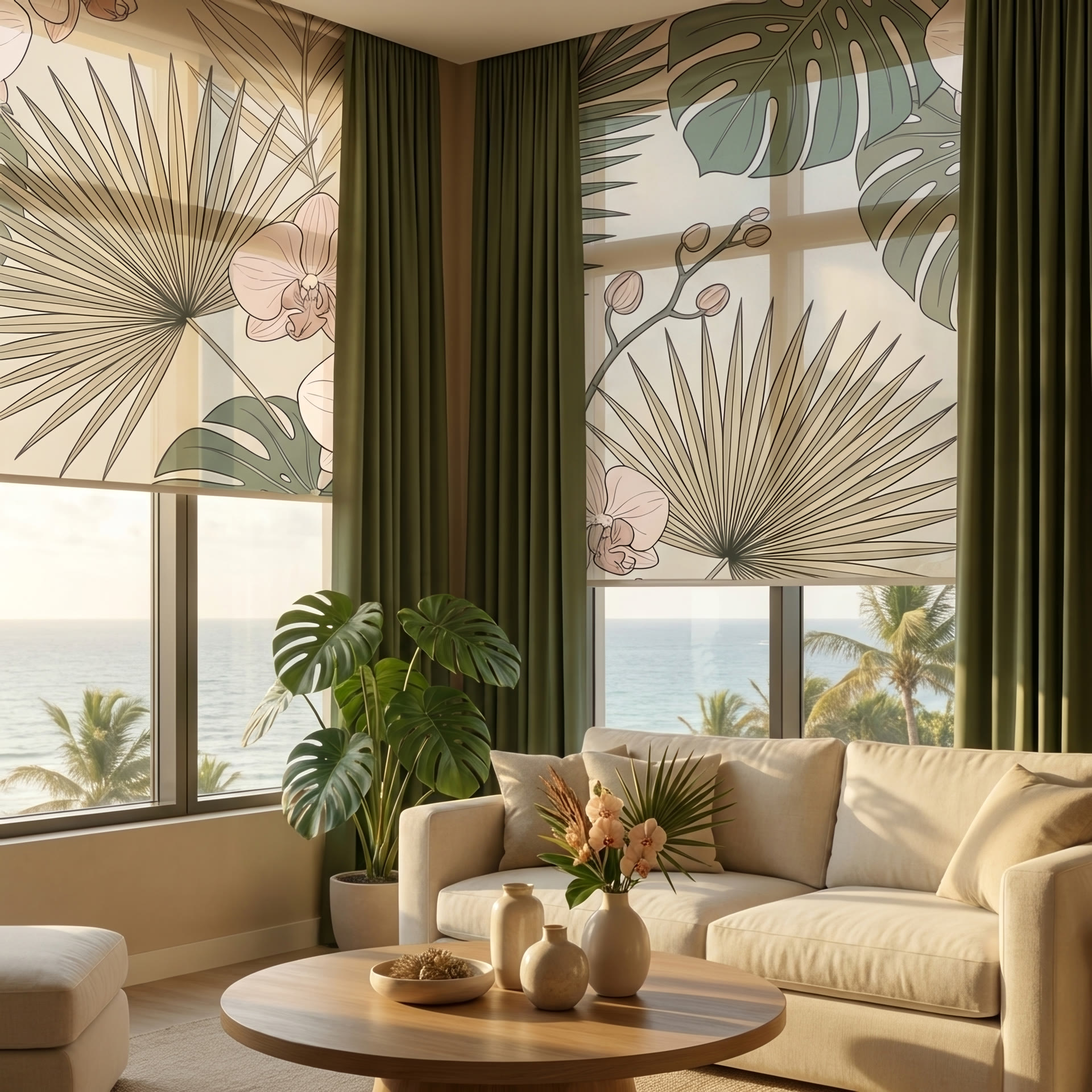 Stylish living room with printed roller blinds